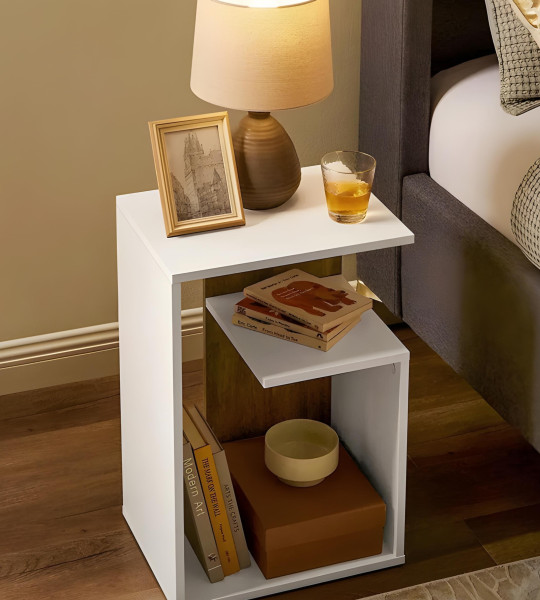 Table d’Appoint Forme G – Blanc & Effet Bois